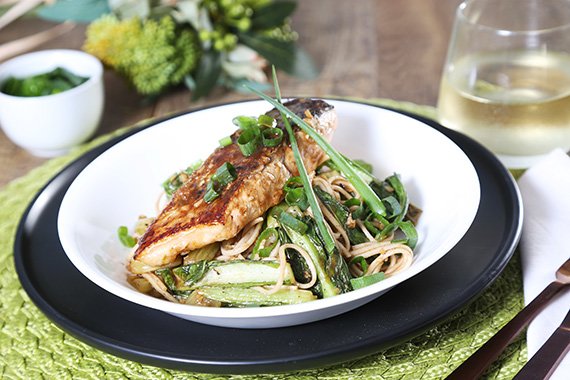 Ginger & Soy Glazed Salmon with Choy Sum & Soba Noodles