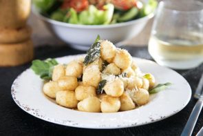Gnocchi with Browned Butter & Sage Sauce, and Cos Lettuce & Walnut Salad