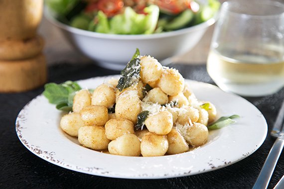 Gnocchi with Browned Butter & Sage Sauce, and Cos Lettuce & Walnut Salad