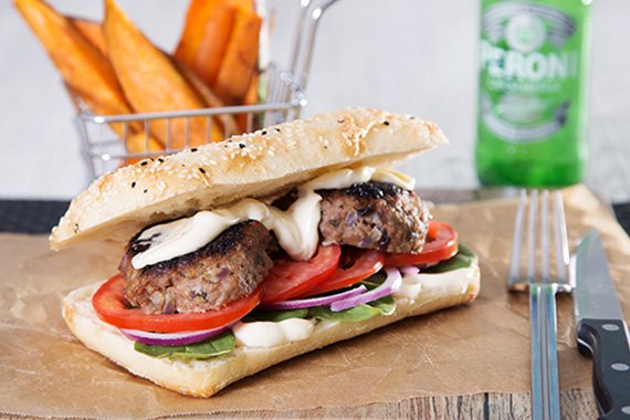 Lamb Burger with Garlic Aioli and Roasted Sweet Potato & Carrot Fries