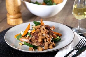 Pork Chops with Apple Mostarda, Roasted Sweet Potato and Walnut & Blue Cheese Salad