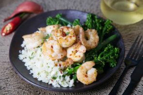 Grilled Prawns, Broccolini & Cauli Rice with Lemon & Shallot Vinaigrette
