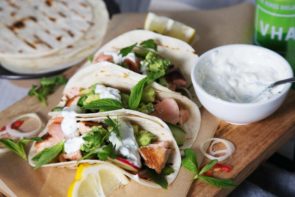 Jamie Oliver Inspired Five Spice Salmon Tacos with Cucumber Radish Pickle, Minty Yoghurt & Avocado