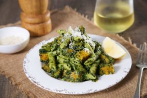 Penne with Kale Walnut Pesto, Roast Pumpkin & Parmesan