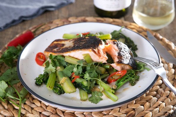 Pete Evans Inspired Seared Salmon with Garlic, Ginger & Celery Stir Fry