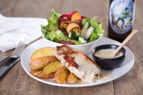 Pork with Creamy Tarragon Sauce, Potato Wedges & Crisp Salad