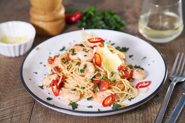 Prawn and Cherry Tomato Pasta, Parmesan and Chilli