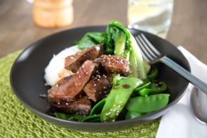 Sesame Beef with Sugar Snap Peas & Pak Choy over Jasmine Rice