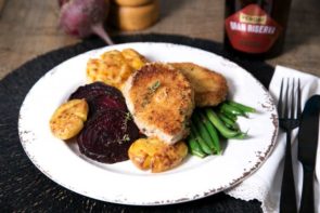 Thyme Crusted Pork Schnitzel with Smashed Potatoes, Beetroot & Green Beans