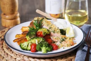 Crumbed Salmon with Sweet Potato Wedges, Roasted Broccoli, Blistered Tomatoes & Aioli