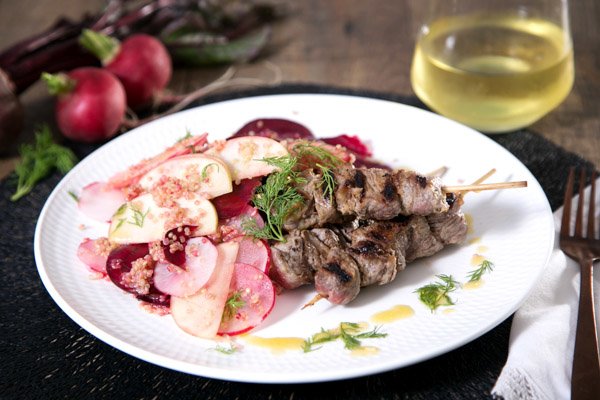 Grilled Beef Skewers with Horseradish, Beetroot, Radish and Quinoa Salad