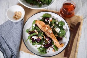 Maple Glazed Salmon with Hazelnut, Fetta & Baby Beetroot Salad