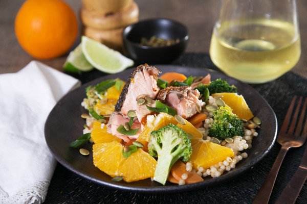 Orange Roasted Salmon with Pepitas & Israeli Couscous Salad