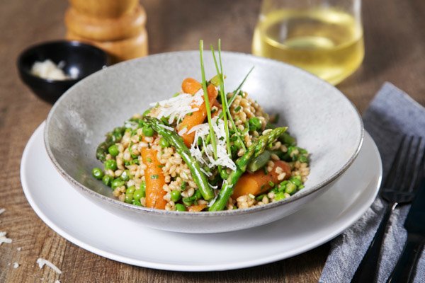 Pearl Barley Risotto with Spring Veg and Parmesan. Inspired by Rick Stein