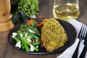 Pistachio Crusted Chicken with Sweet Potato Wedges, Beans, Asparagus & Fetta