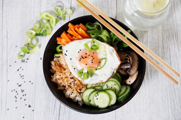 Vegetarian Bibimbap with Kai Lan, Eggs, Mushrooms & Black Sesame