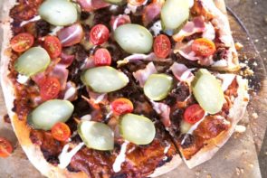 Cheeseburger Pizza with Pickles, Cherry Tomatoes & Mayo