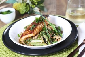 Ginger & Soy Glazed Salmon with Pak Choy & Soba Noodles