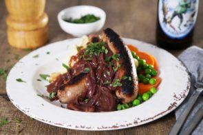 Good Ol' Bangers & Mash with Onion Gravy, Carrots and Peas
