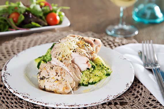 Lemon & Thyme Roasted Chicken with Green Polenta & Simple Side Salad