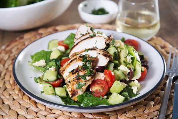 Mediterranean Grilled Chicken with Summer Salad & Avocado