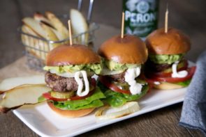 Mini Beef Sliders with Avo, Potato Wedges & Onion Rings