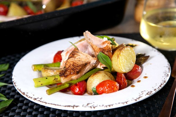 One Pan Salmon with Roast Vegetables Balsamic & Fresh Basil