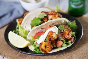 Paprika Prawns in Soft Tacos with Coriander Mayo & Fresh Salsa