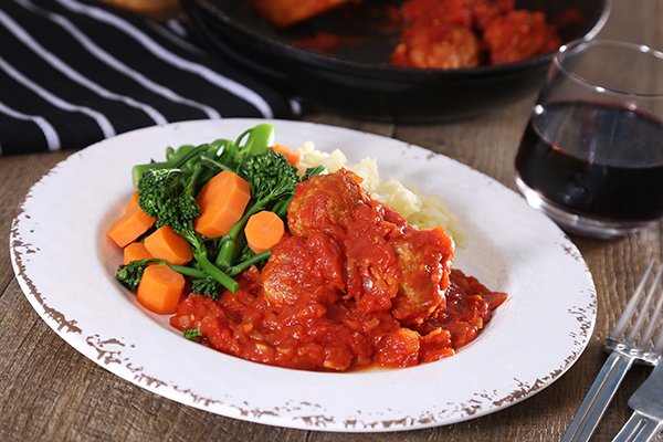 Pork Chorizo Flavoured Meatballs in Tomato Sauce, Veg & Dutch Cream Potato Mash