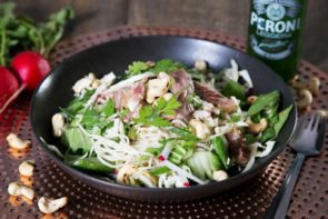 Ramen Noodle Salad with Steak, Sesame Ginger Dressing, Cabbage, Coriander & Cashews
