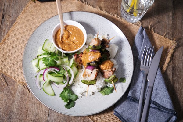 Satay Chicken with Delicious Peanut Sauce & Fresh Cucumber Salad