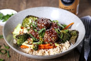 Baked Japanese Meatballs & Brown Rice with Charred Broccoli & Carrot