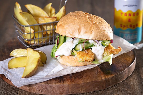 Crumbed Fish Burger with Cucumber Pickle, Potato Wedges & Tartare Sauce