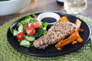 Dukkah Crumbed Fish with Sweet Potato Wedges & Salad