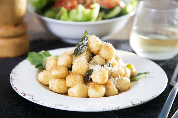Gnocchi with Browned Butter & Sage Sauce, and Cos Lettuce & Walnut Salad