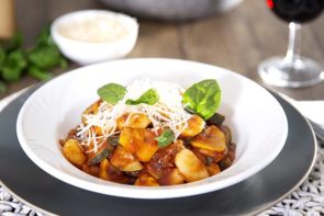 Gnocchi with Spring Veg & Tomato Sugo, Fresh Basil & Parmesan