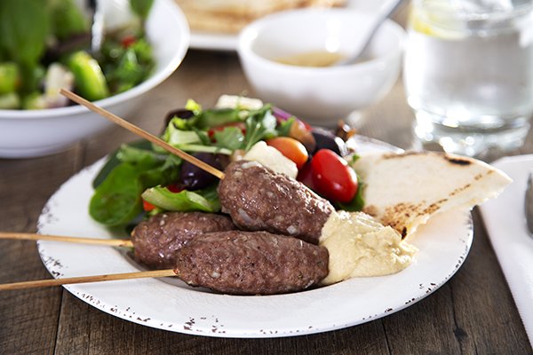 Lamb Kofta with Hummus, Pitas & Ready Made Greek Salad with Red Wine Dressing