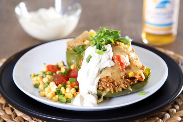 Mexican Quinoa & Salsa Filled Peppers with Jalapeno Sour Cream