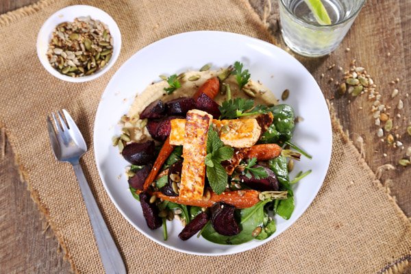 Roasted Baby Beetroot with Spiced Haloumi Baby Carrots, Seeds & Hummus