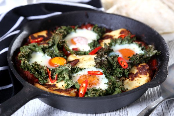 Shakshuka with Grilled Haloumi, Free Range Eggs & Kale