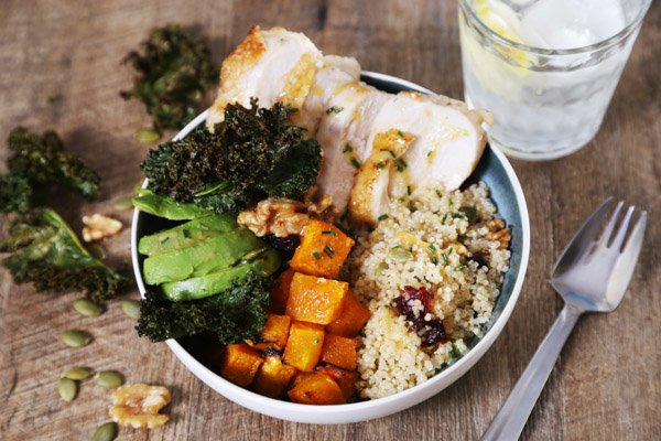 Spiced Pumpkin & Chicken Goodness Bowl with Quinoa, Walnuts, Avo & Crispy Kale