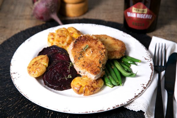 Thyme Crusted Pork Schnitzel with Smashed Potatoes, Beetroot & Green Beans