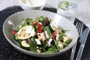 Chickpea, Ricotta & Grilled Zucchini Salad with Dill, Sour Cream & Pepitas