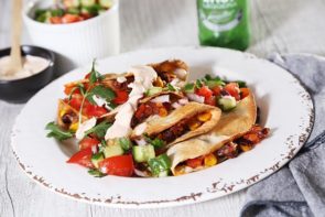 Cheesy Bean & Corn Quesadilla with Salsa & Chipotle Sour cream