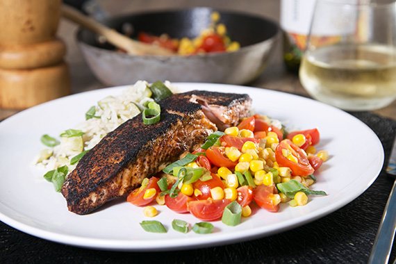 Chipotle Blackened Salmon with Zucchini Rice Pilaf & Tomato Corn Salsa