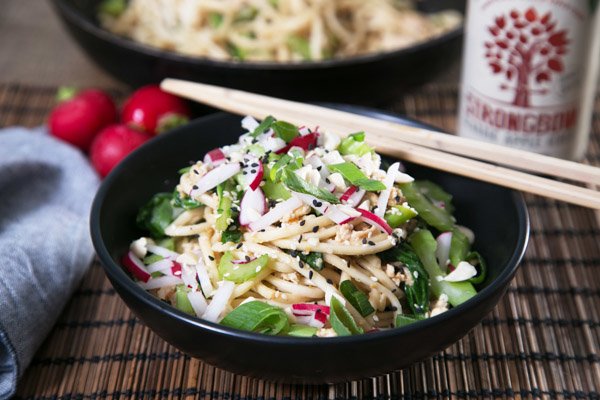 Garlic & Peanut Chicken with Udon Noodles, Celery, Radish & Kai Lan