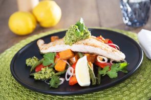 Grilled Fish with Cashew & Coriander Pesto, Sweet Potato & Green Bean Salad
