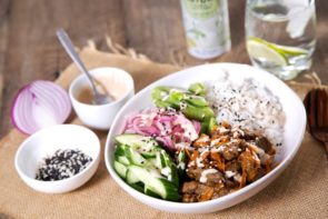 Japanese Inspired Ginger Beef Bowl with Pickled Red Onion & Tonkatsu Mayo