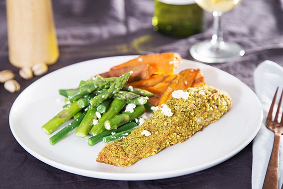 Pistachio Crusted Salmon with Sweet Potato Wedges, Beans, Asparagus & Fetta