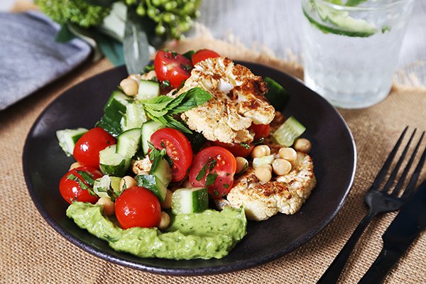 Shawarma Cauli Steak with Chickpea Salad and 5 Minute Coriander Avo Chutney